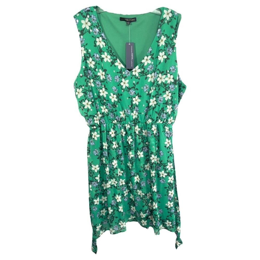Adrienne Vittadini XL Dress Green Floral Metallic Belted Crepe Sleeveless 1227